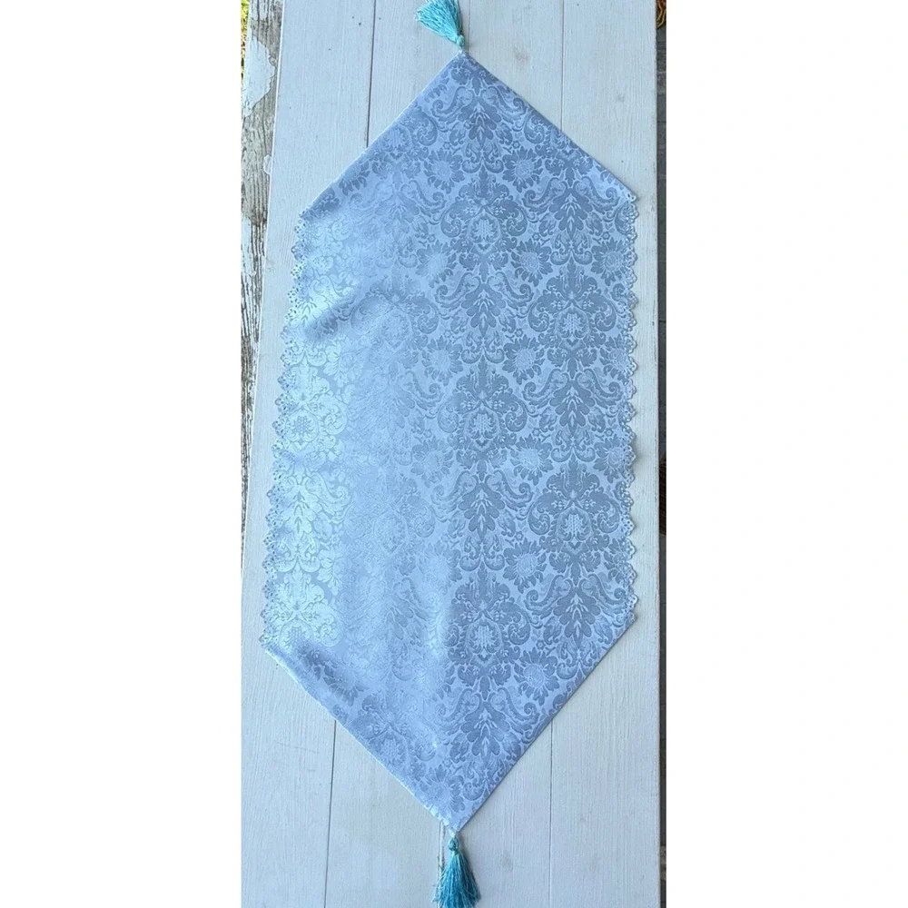 Light Blue Damask Table Runner Tassel Lace Trim Floral Brocade 34x15 0906
